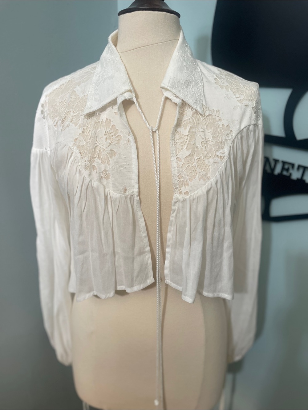 House of Harlow 1960 Ivory Lace-Yoke Cropped Tie-Front Blouse